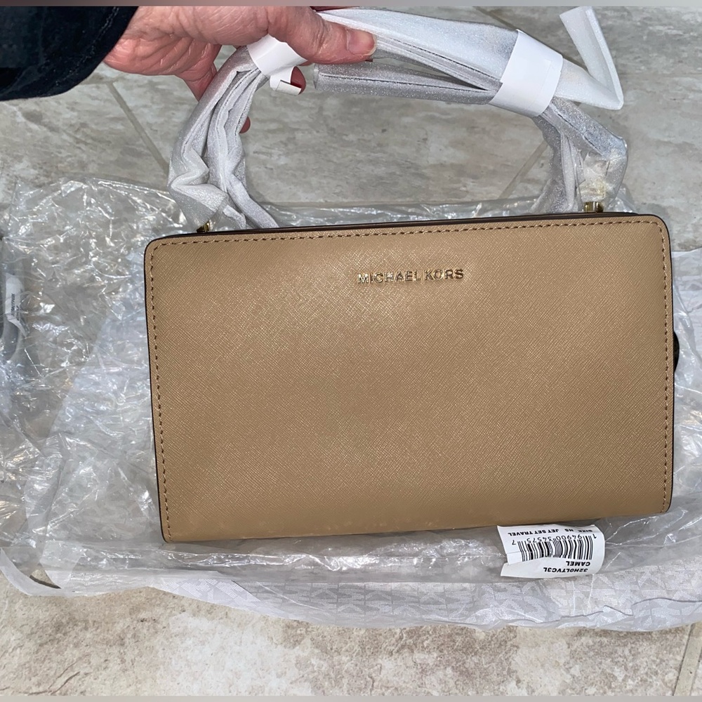Michael Kors Beige Saffiano Crossbody Bag with Gold Hardware